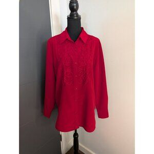 Vintage Karen Scott Red Button-Up Blouse With Soutache Detailing‎ on Front - XL